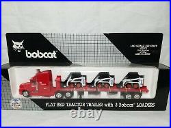 Bobcat Flatbed Tractor Trailer with 3 Blue Skid Diecast 150 Scale Model Toy NIB