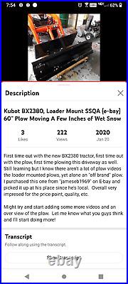 NEW 96 Hydraulic Snow Plow Skid Steer Loader mount, Compact Tractor Kubota 8