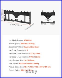 Skid Steer Pallet Fork Frame 4000 lb 45 Quick Attach with2 Hitch Receiver