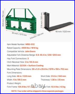 VEVOR Pallet Fork Frame Attachment with48 4000 lbs Skid Steer for JD Tractors